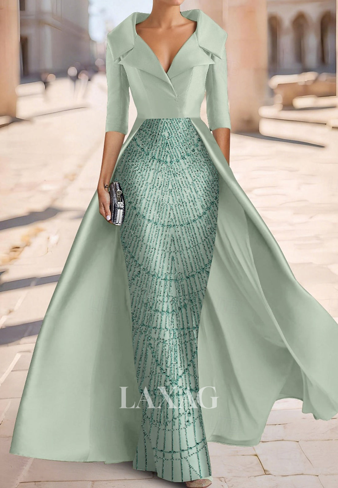 V-Neck Collared Half-Sleeves Sequined Beaded Satin Pleated Mermaid Mother of the Bride Dress