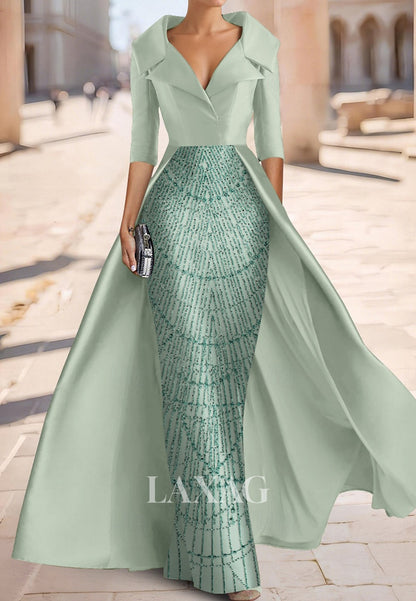 V-Neck Collared Half-Sleeves Sequined Beaded Satin Pleated Mermaid Mother of the Bride Dress