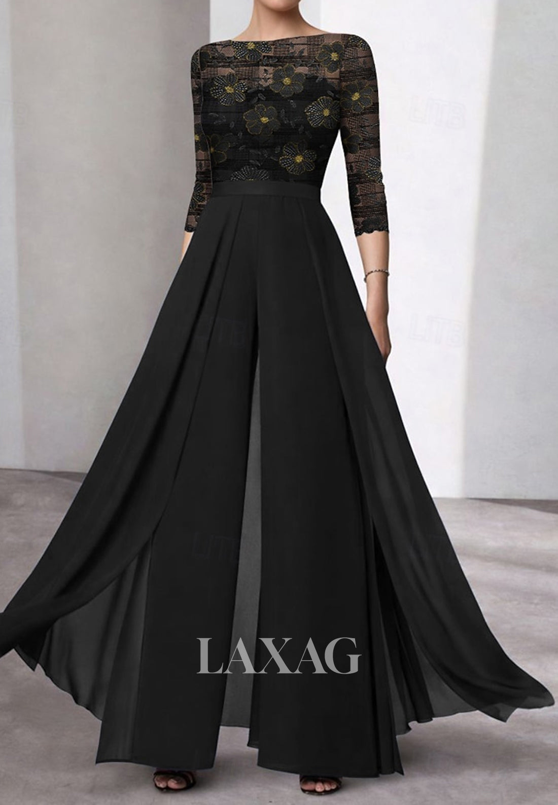 Bateau-Neck 3/4-Sleeves Embroidered Tulle Sheer Pleated Jumpsuit Mother of the Bride Dress