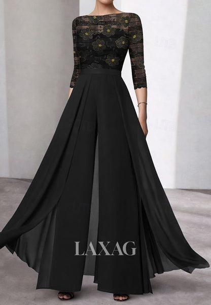 Bateau-Neck 3/4-Sleeves Embroidered Tulle Sheer Pleated Jumpsuit Mother of the Bride Dress