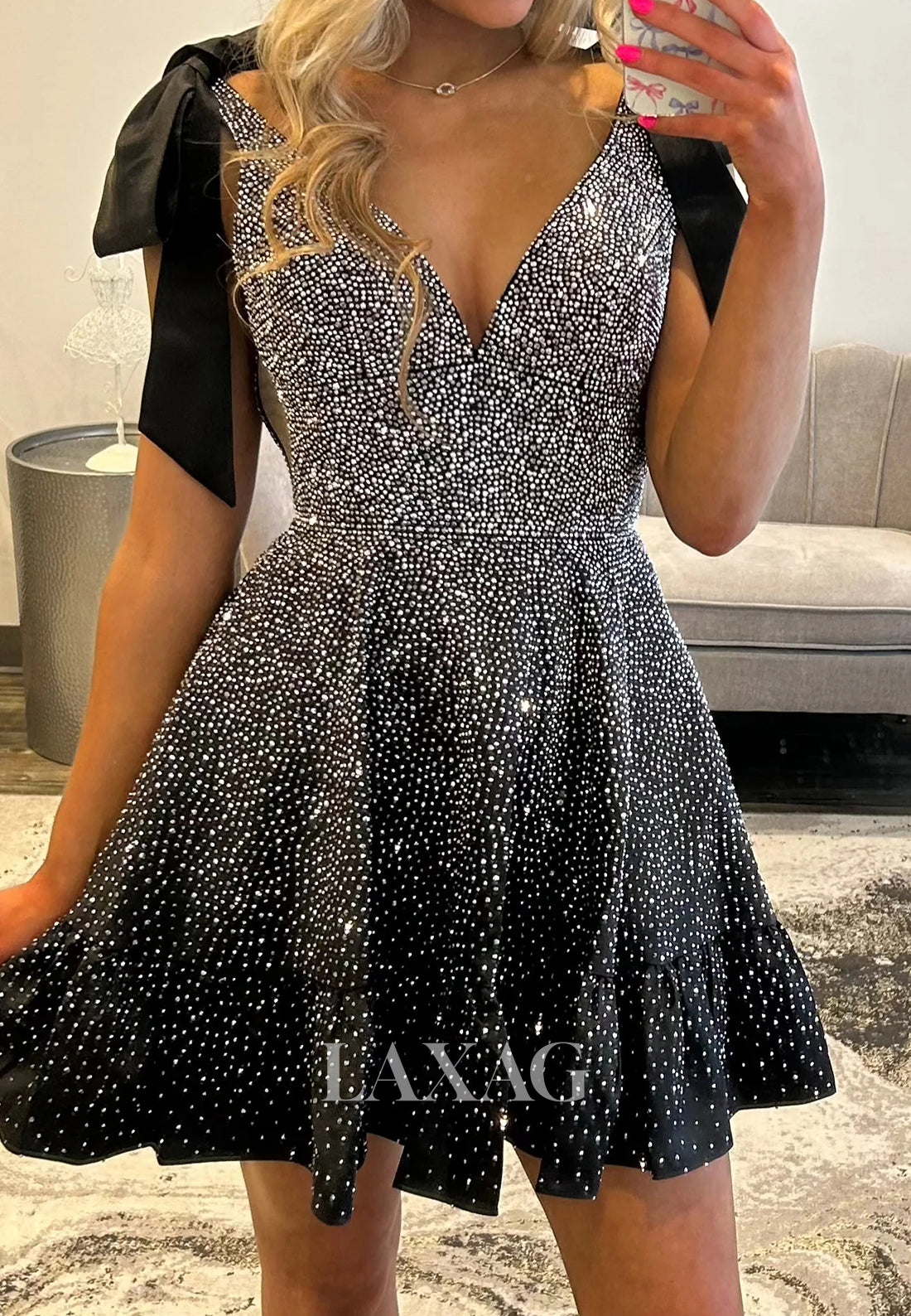 Deep V-Neck Straps Sleeveless Fully Beaded Short A-Line Party Homecoming Dress