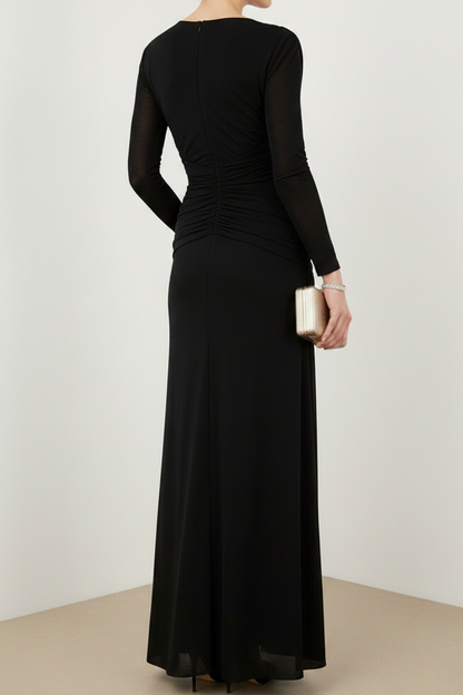 Asymmetrical-Neck Long-Sleeves Satin Pleated Floor-Length Fitted Mother of the Bride Dress