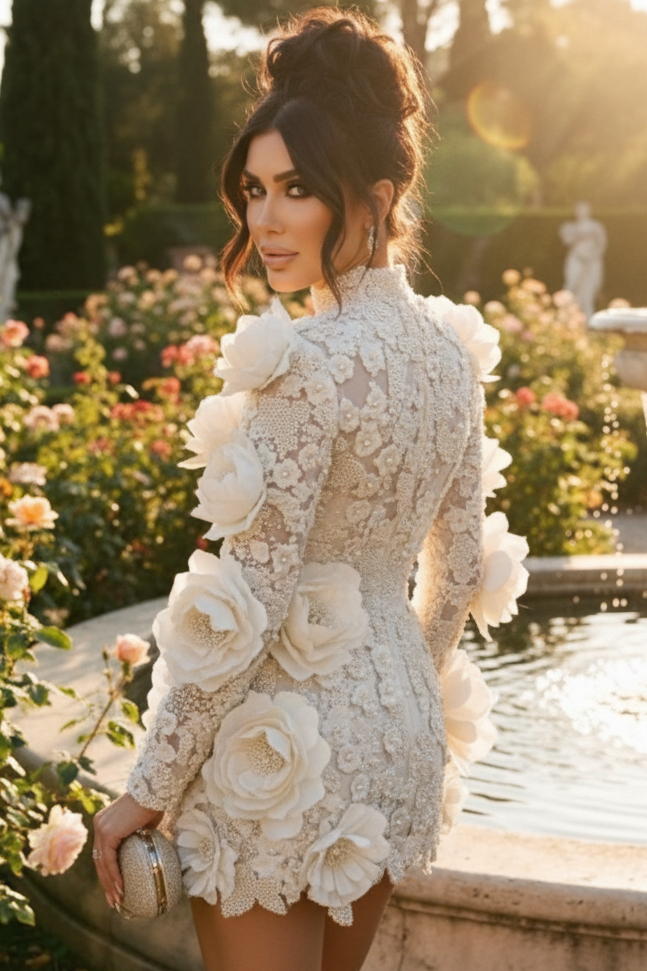 High-Neck Long-Sleeves Floral Embellished Fully Beaded Short Mermaid Wedding Dress