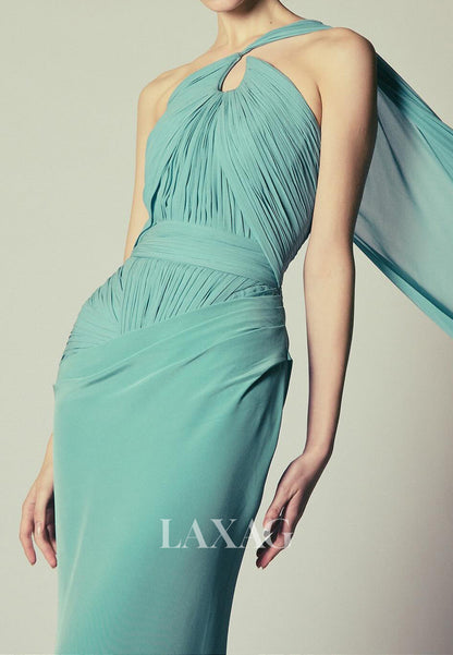 Asymmetrical-Neck Off-Shoulder Beaded Formal Gowns Sleeveless Pleated Chiffon Mermaid Evening Dress