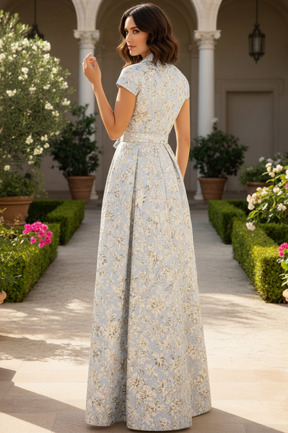 V-Neck Collared Cap-Sleeves Jacquard Satin Floor-Length A-Line Mother of the Bride Dress