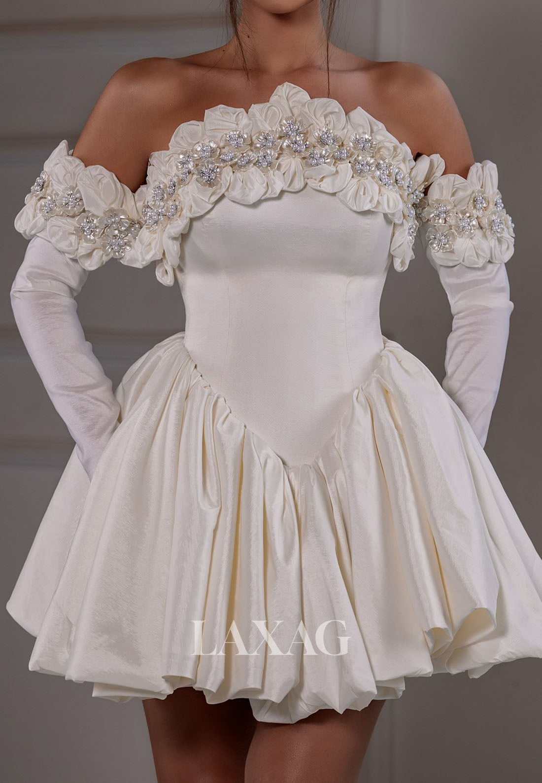 Tube Top Long-Sleeves Short A-Line Wedding Dress Floral Embellished Beaded Pleated Satin Bride Gowns
