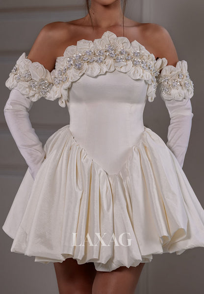 Tube Top Long-Sleeves Short A-Line Wedding Dress Floral Embellished Beaded Pleated Satin Bride Gowns