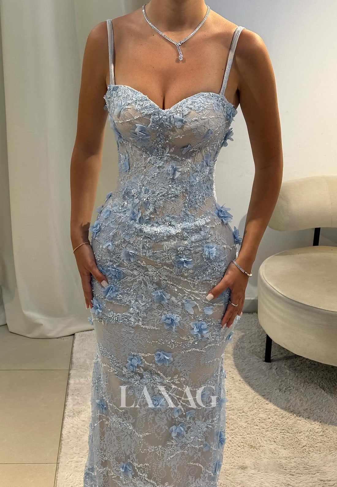 Sweetheart Spaghetti Straps Sleeveless Floral Embellished Sequined Floor-Length Mermaid Prom Dress