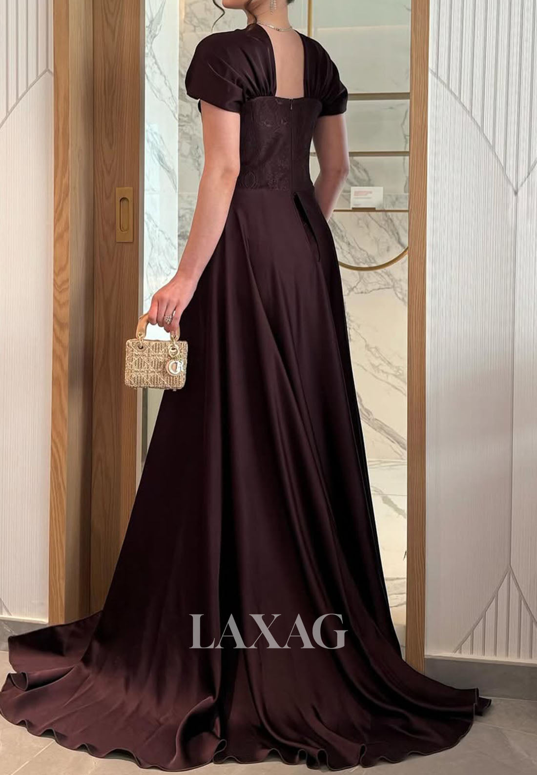 Tube Top Cap-Sleeves Mermaid Evening Dress Pleated Satin&Lace Formal Gowns with Train