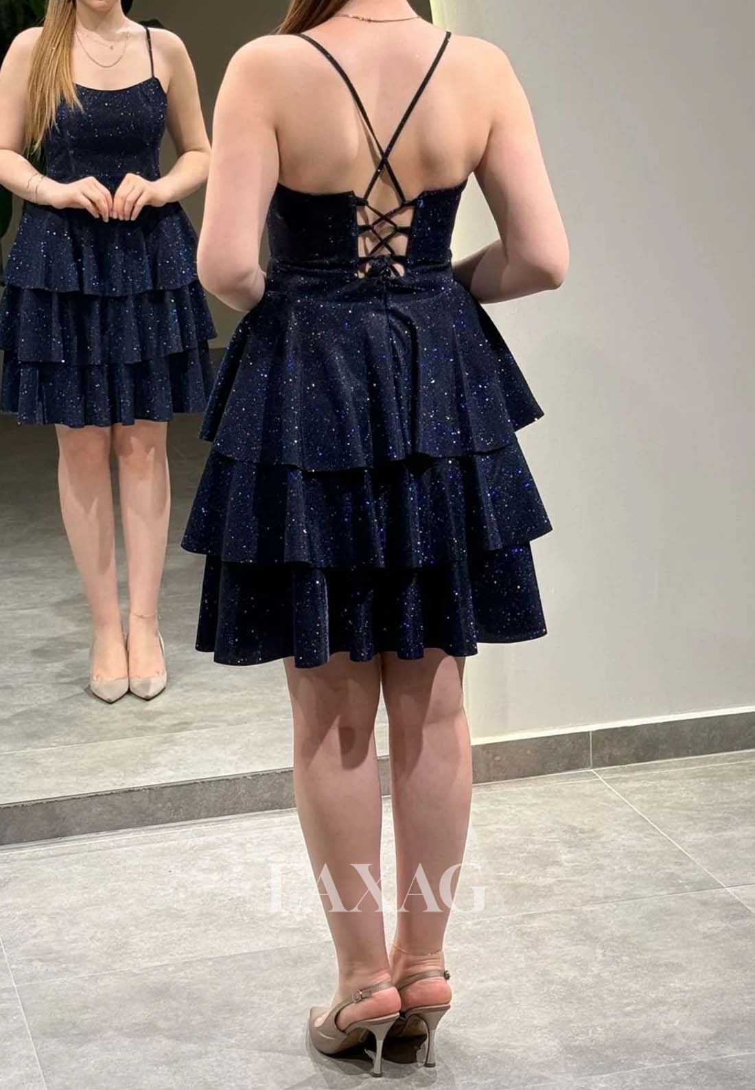 Scoop-Neck Spaghetti Straps Off-Shoulder Pleated Glitter-Knit Tiered A-Line Party Homecoming Dress