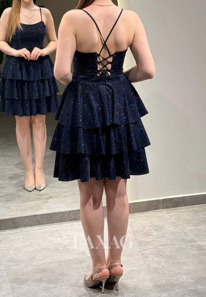 Scoop-Neck Spaghetti Straps Off-Shoulder Pleated Glitter-Knit Tiered A-Line Party Homecoming Dress