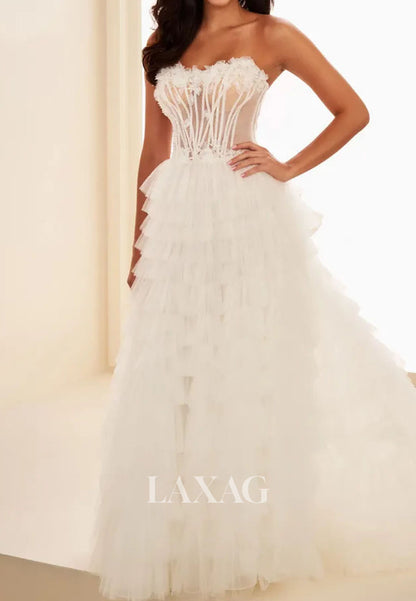 Sweetheart Sleeveless Floral Embellished Beaded Pleated Tulle Ruffled Tiered A-Line Prom Dress