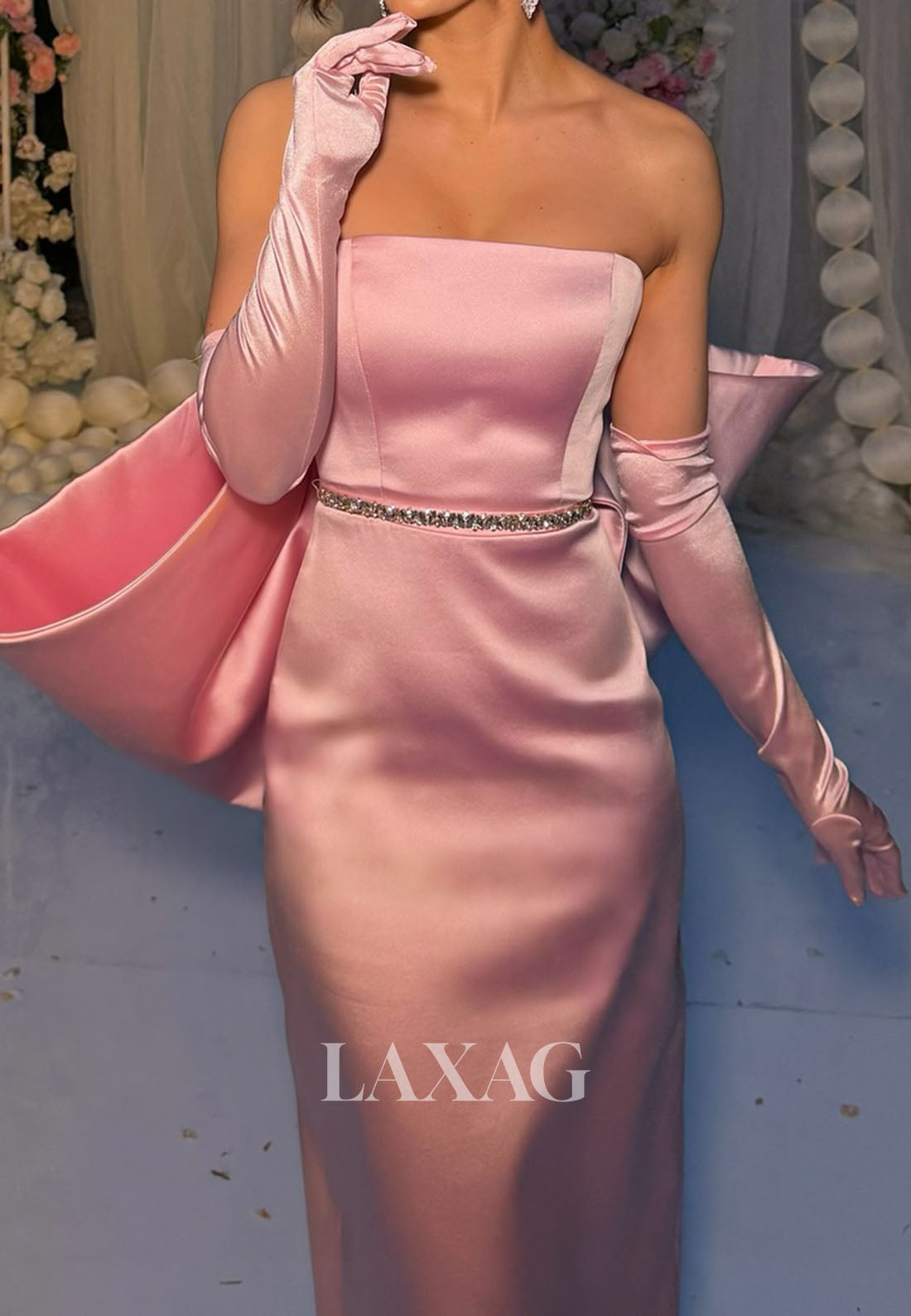 Tube Top Beaded Floor-Length Mermaid Evening Dress Off-Shoulder Satin Formal Gowns with Big Bow