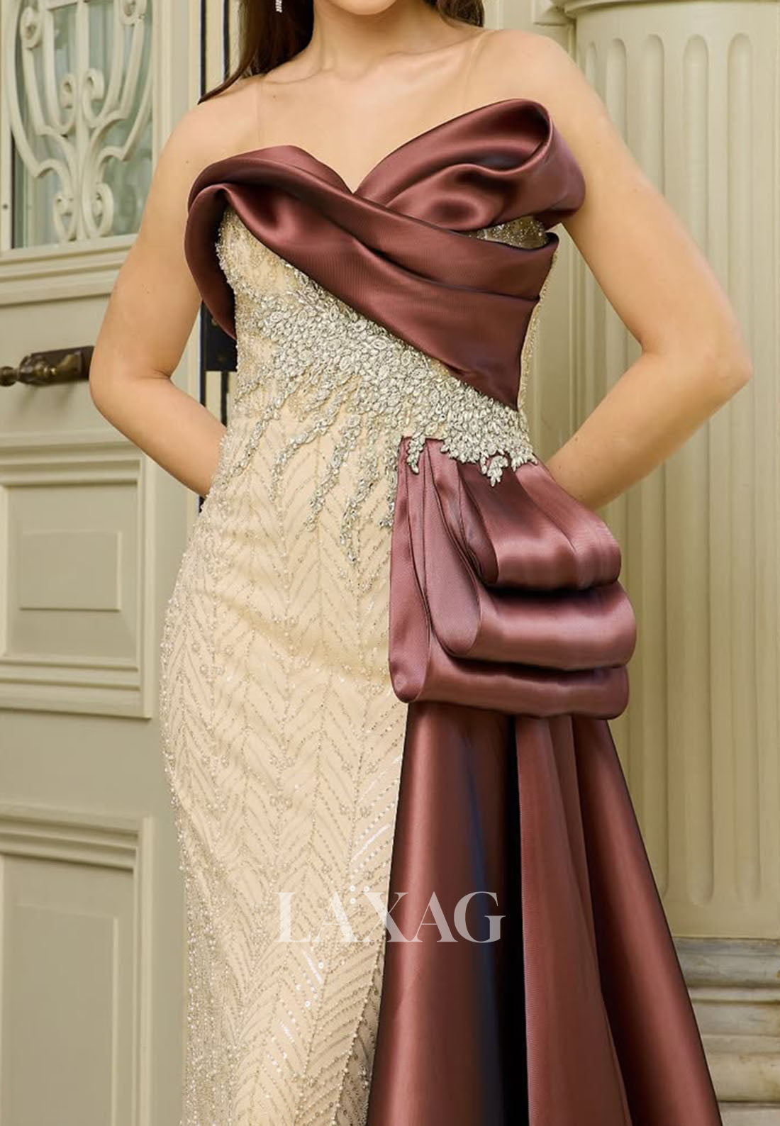Asymmetrical-Neck Sequined Beaded Mermaid Evening Dress Sleeveless Pleated Satin Formal Gowns