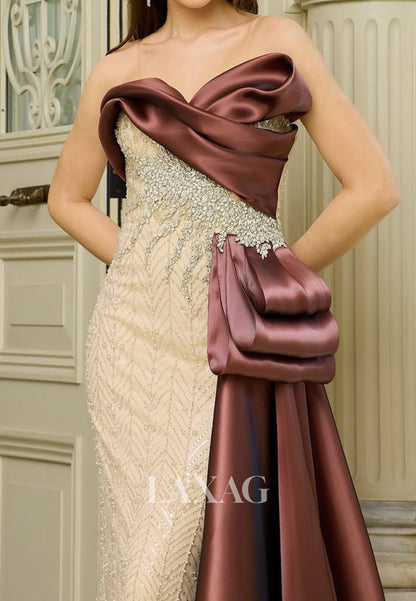 Asymmetrical-Neck Sequined Beaded Mermaid Evening Dress Sleeveless Pleated Satin Formal Gowns