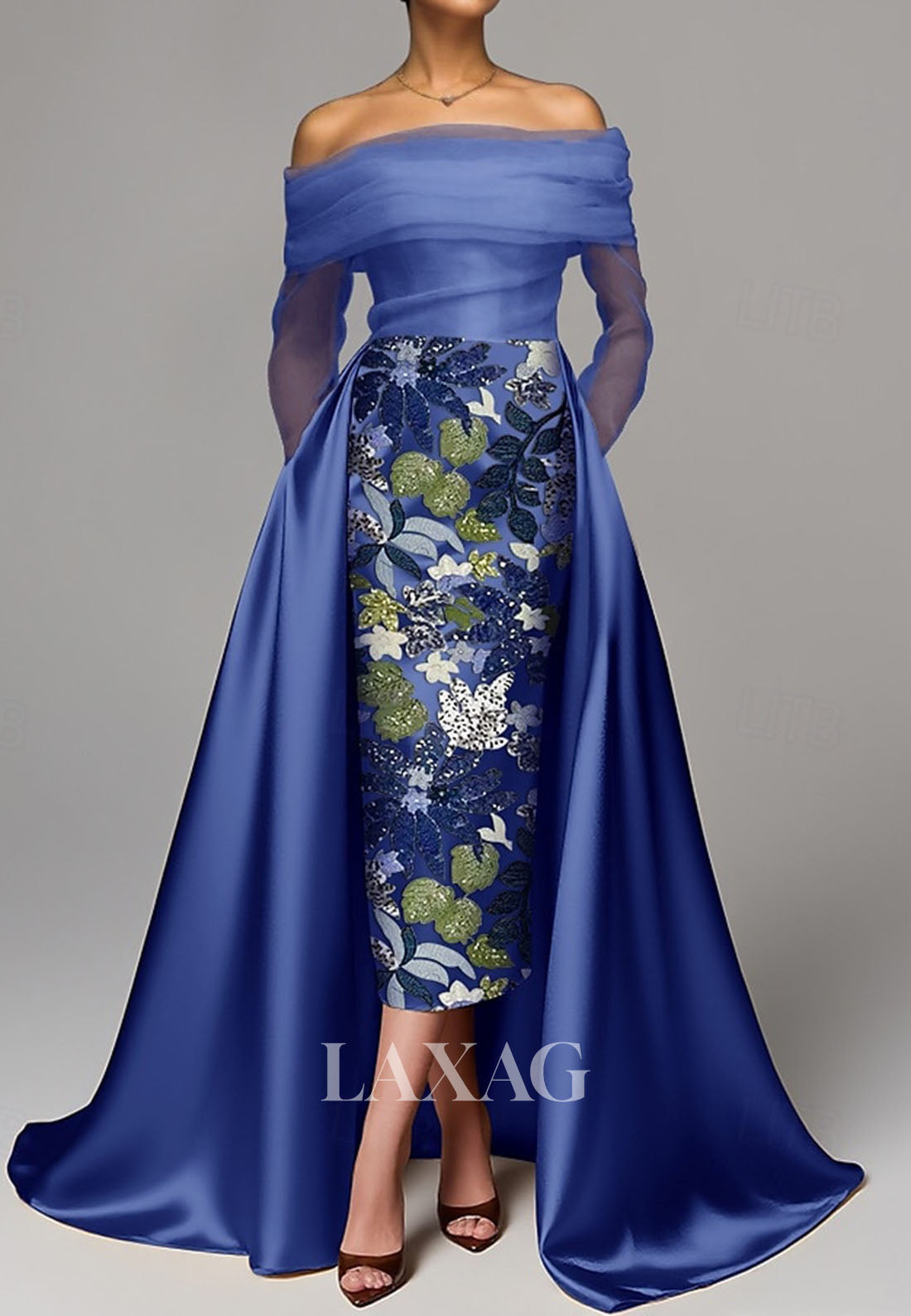 Bateau-Neck Off-Shoulder Long-Sleeves Sequined Applique Satin&Tulle Pleated Mermaid Evening Dress