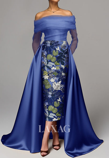 Bateau-Neck Off-Shoulder Long-Sleeves Sequined Applique Satin&Tulle Pleated Mermaid Evening Dress