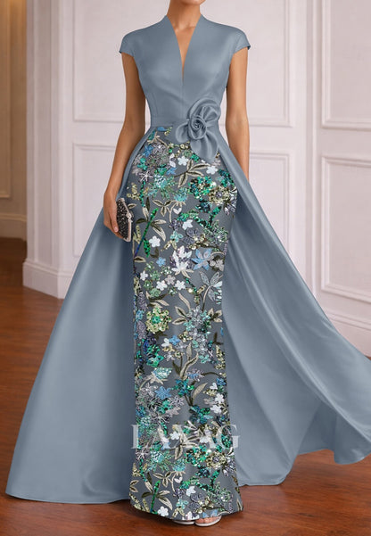 V-Neck Cap-Sleeves Sequined 3D-Floral Satin Floor-Length Mermaid Mother of the Bride Dress
