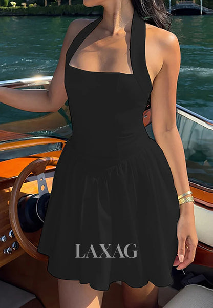 Simple Halter-Neck Off-Shoulder Sleeveless Pleated Satin A-Line Party Homecoming Dress