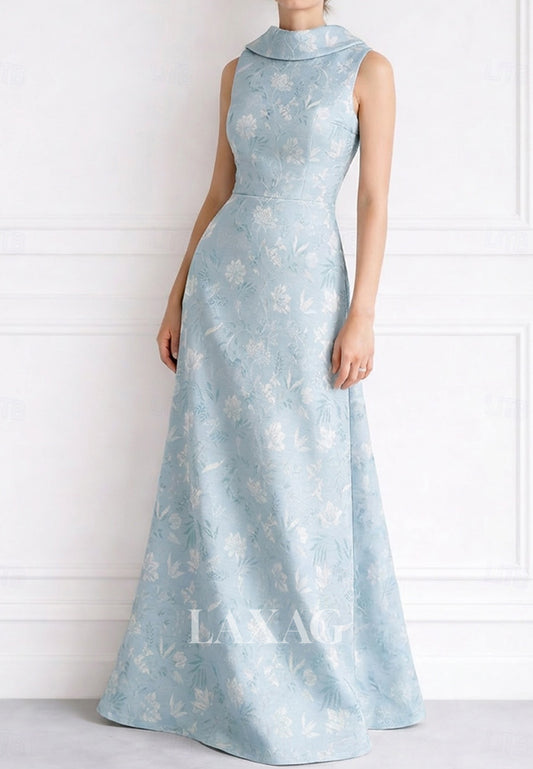 High-Neck Collared Sleeveless Jacquard Satin Pleated Floor-Length Mermaid Evening Dress