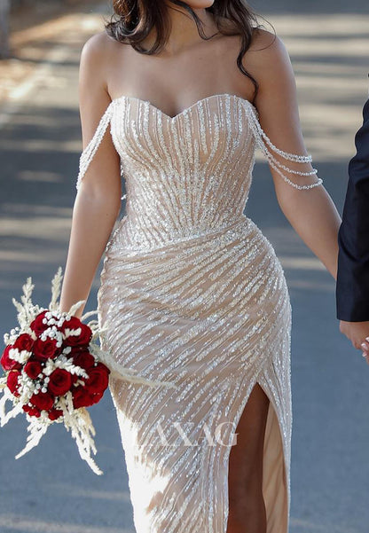 Sweetheart Off-Shoulder Sleeveless High Slit Fully Sequined Beaded Mermaid Evening Dress