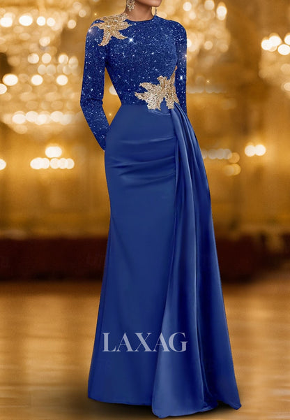 Scoop-Neck Long-Sleeves Formal Gowns Fully Sequined Beaed Satin Mermaid Evening Dress