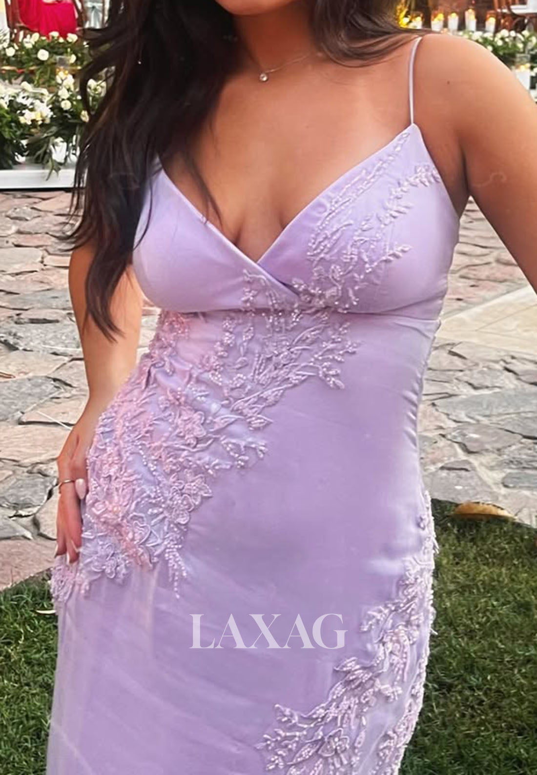 V-Neck Spaghetti Straps Sleeveless Beaded Applique Satin Floor-Length Mermaid Prom Dress