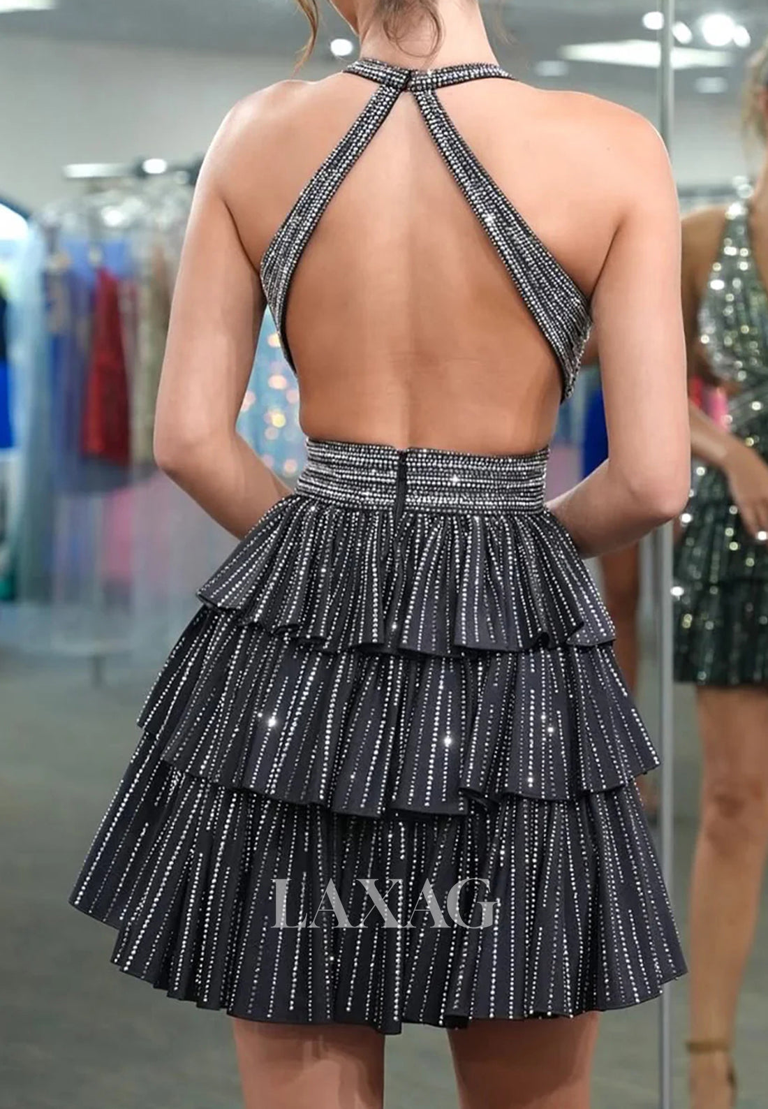 Halter Deep V-Neck Sleeveless Fully Beaded Pleated Tiered A-Line Party Homecoming Dress