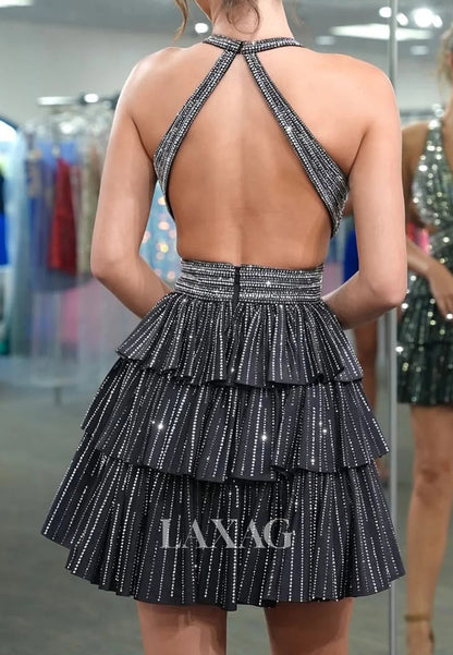 Halter Deep V-Neck Sleeveless Fully Beaded Pleated Tiered A-Line Party Homecoming Dress