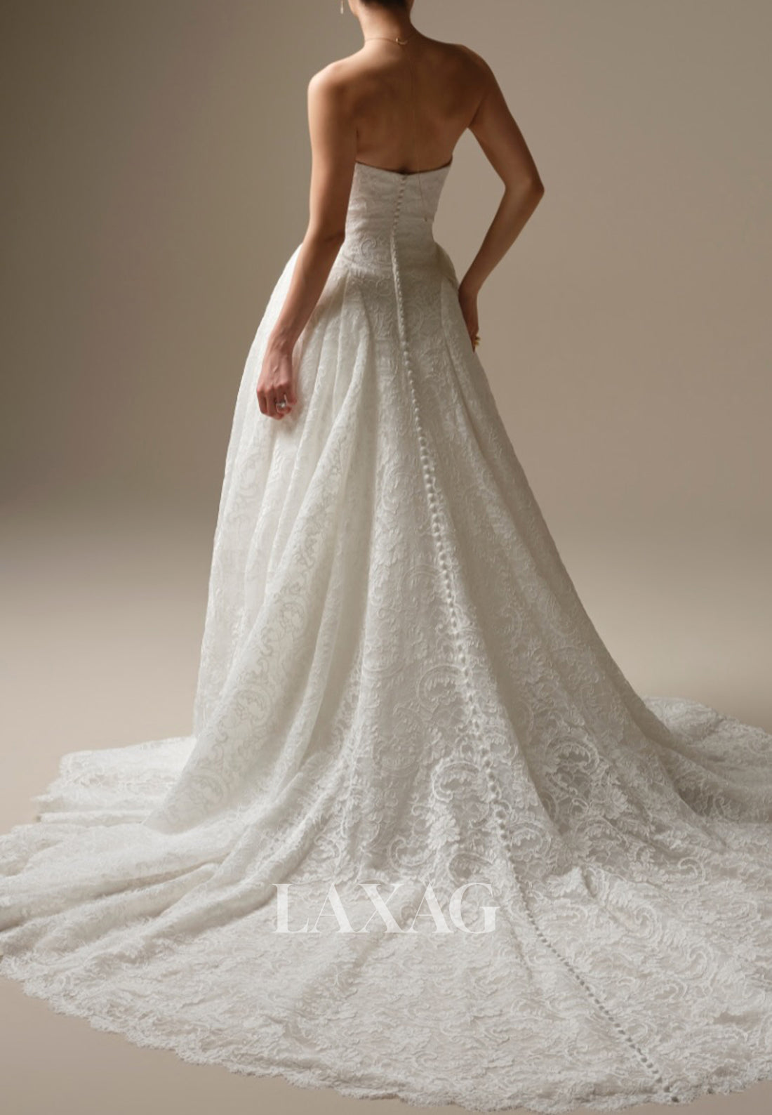 Sweetheart Long-Sleeves Allover Lace Applique Pleated A-Line Wedding Dress with Train