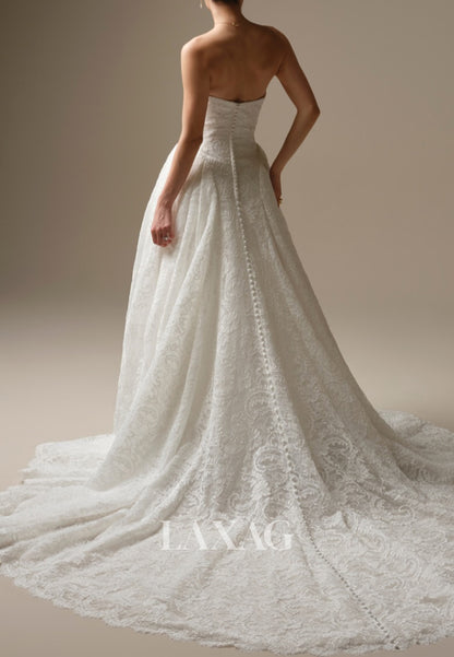 Sweetheart Long-Sleeves Allover Lace Applique Pleated A-Line Wedding Dress with Train