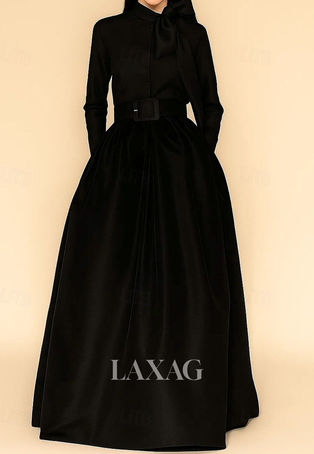 Collared Long-Sleeves Satin Pleated A-Line Evening Dress Floor-Length Formal Gowns