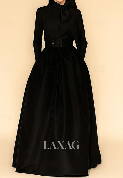Collared Long-Sleeves Satin Pleated A-Line Evening Dress Floor-Length Formal Gowns