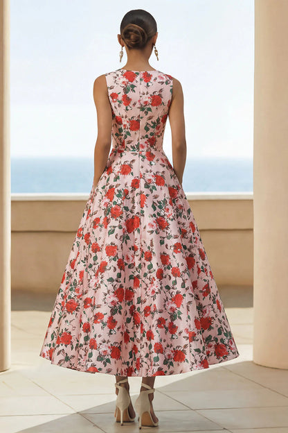 Scoop-Neck Sleeveless Ankle-Length Jacquard Satin Pleated Mother of the Bride Dress