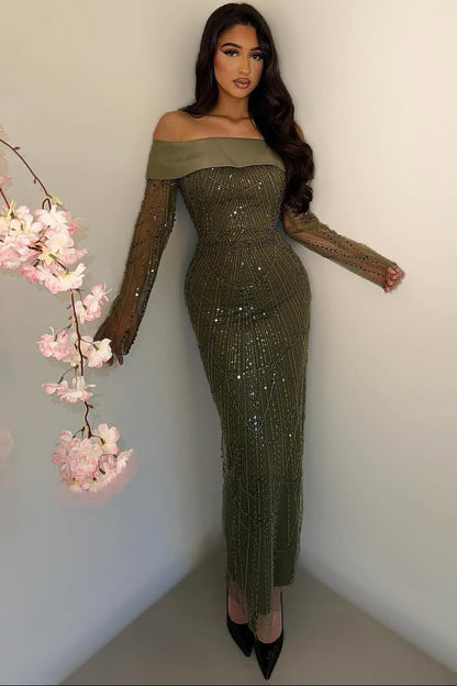 Tube Top Long-Sleeves Fully Beaded Evening Dress Off-Shoulder Pleated Ankle-Length Formal Gowns