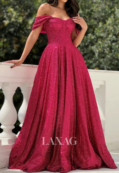 Off-Shoulder Glitter-Knit Pleated A-Line Prom Dress Sweetheart Sleeveless Floor-Length Party Gowns