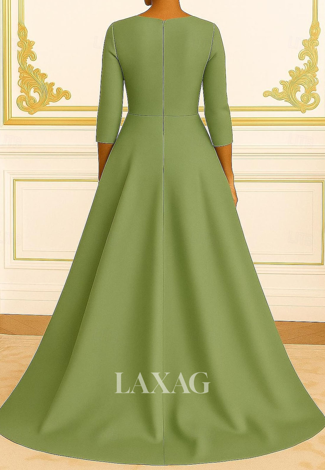 3/4-Sleeves Floor-Length Mermaid Evening Dress V-Neck Sequined Applique Satin Pleated Formal Gowns