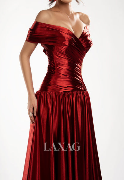 V-Neck Off-Shoulder Sleeveless Metallic-Satin Pleated Floor-Length A-Line Formal Prom Dress