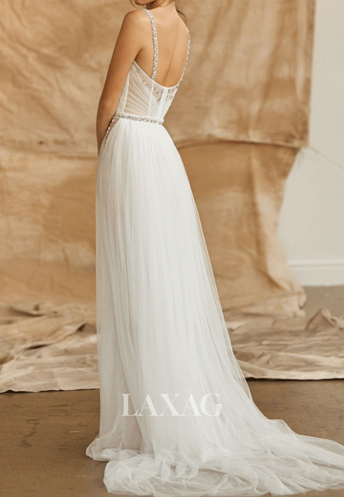 Tube Top Spaghetti Straps Rhinestone Tulle Pleated Sweep Train A-Line Wedding Dress