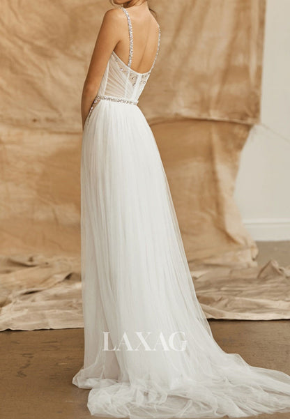 Tube Top Spaghetti Straps Rhinestone Tulle Pleated Sweep Train A-Line Wedding Dress
