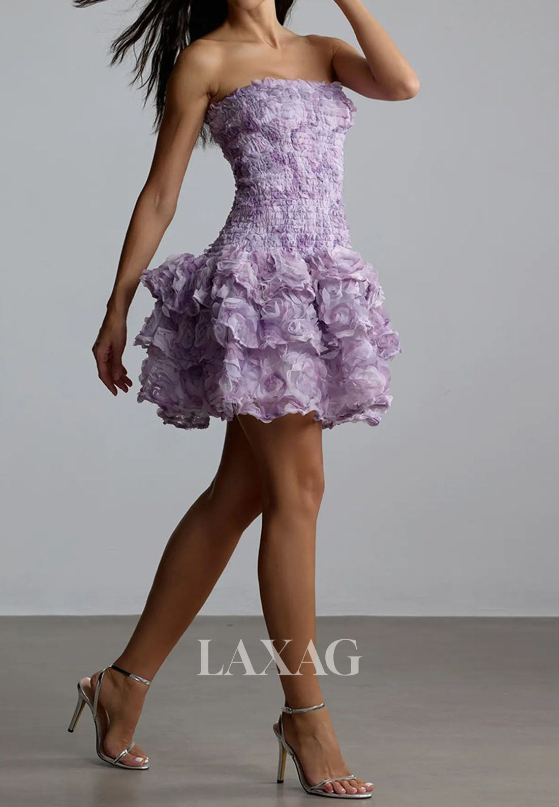 Bateau-Neck Off-Shoulder Floral Embellished Pleated Print-Chiffon A-Line Homecoming Dress