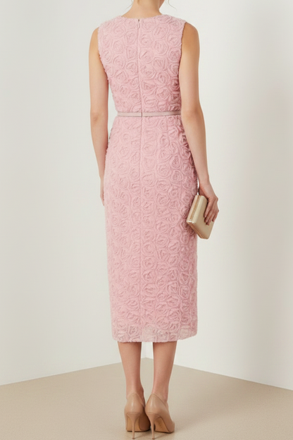 Scoop-Neck Sleeveless 3D-Floral Chiffon Pleated Tea-Length Mermaid Wedding Guest Dress