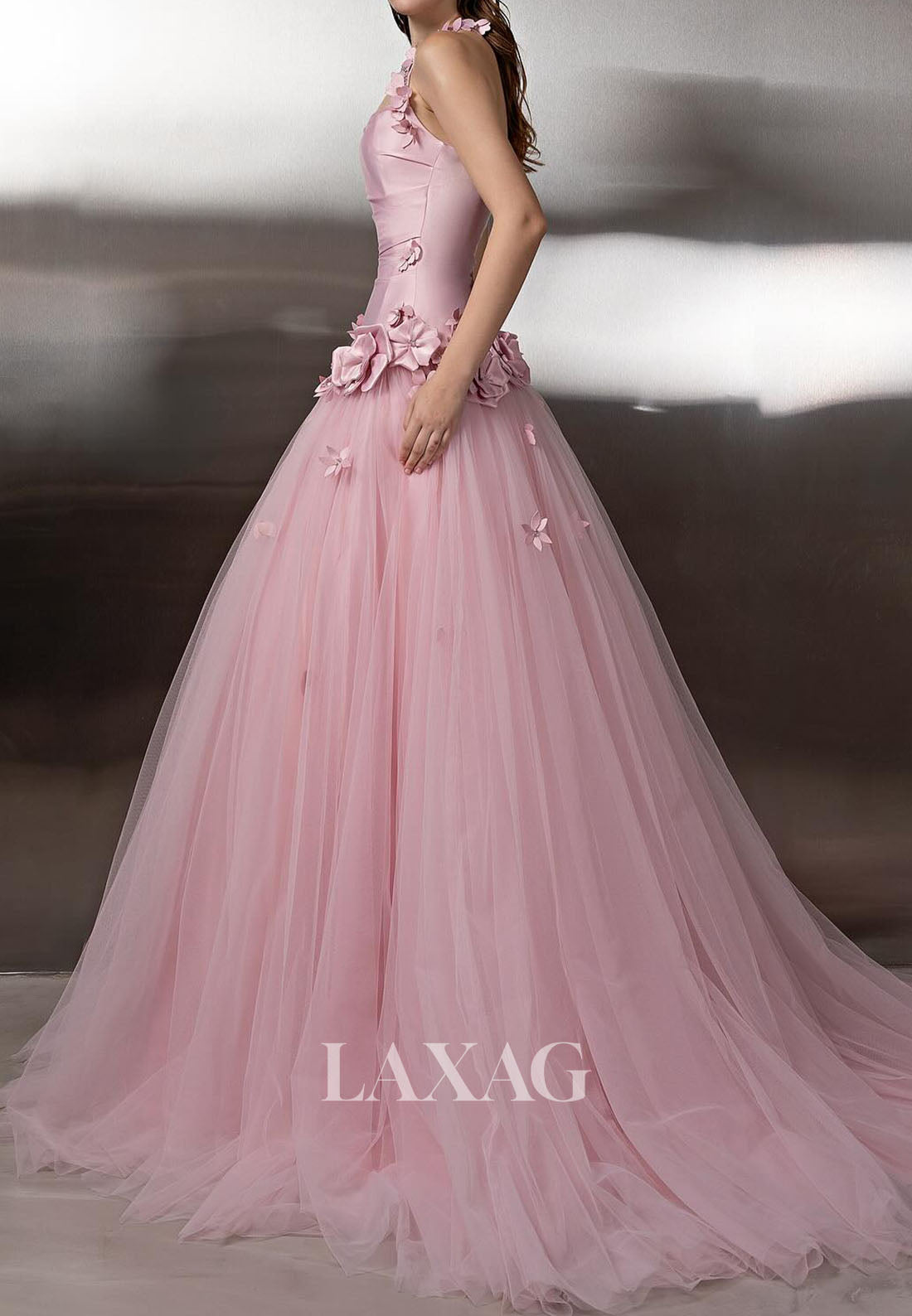 Halter Tube Top Off-Shoulder A-Line Prom Dress Sleeveless Floral Embellished Pleated Party Gowns