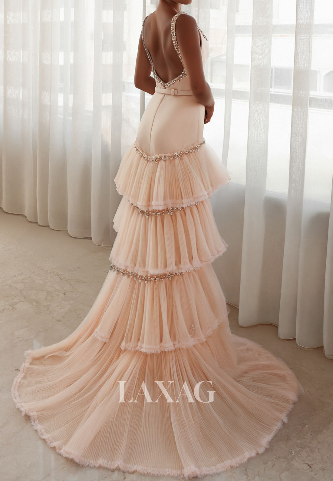 Square-Neck Straps Beaded Mermaid Evening Dress Sleeveless Pleated Tulle&Satin Formal Gowns