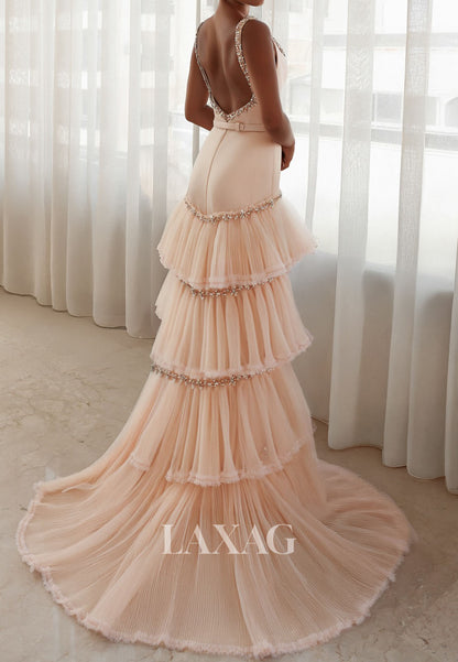 Square-Neck Straps Beaded Mermaid Evening Dress Sleeveless Pleated Tulle&Satin Formal Gowns