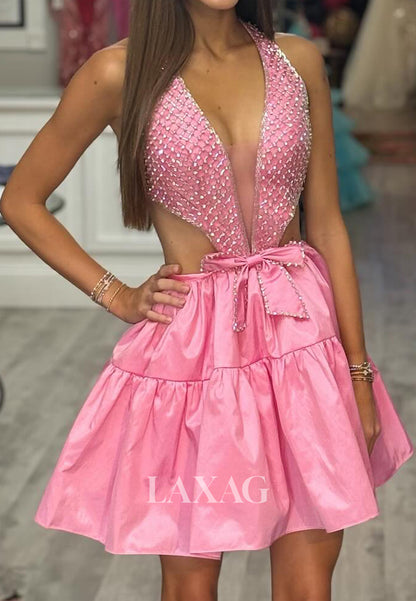 Halter Deep V-Neck Off-Shoulder Sleeveless Beaded Pleated Satin A-Line Party Homecoming Dress