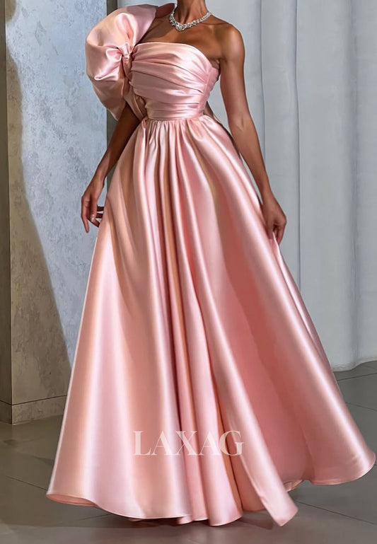 Tube Top Sleeveless Pleated Satin Formal Gowns One-Straps Floor-Length A-Line Evening Dress