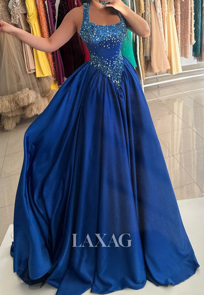Halter Scoop-Neck Sequined Beaded Party Gowns Sleeveless Pleated Satin A-Line Prom Dress