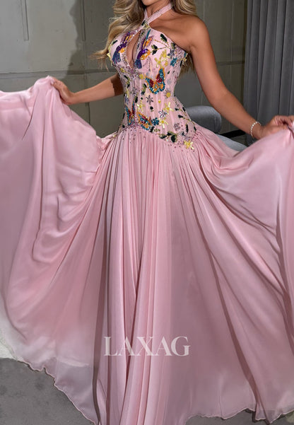 Cross-Neck Off-Shoulder Sleeveless Multi-Color Sequined Beaded Pleated Chiffon A-Line Prom Dress