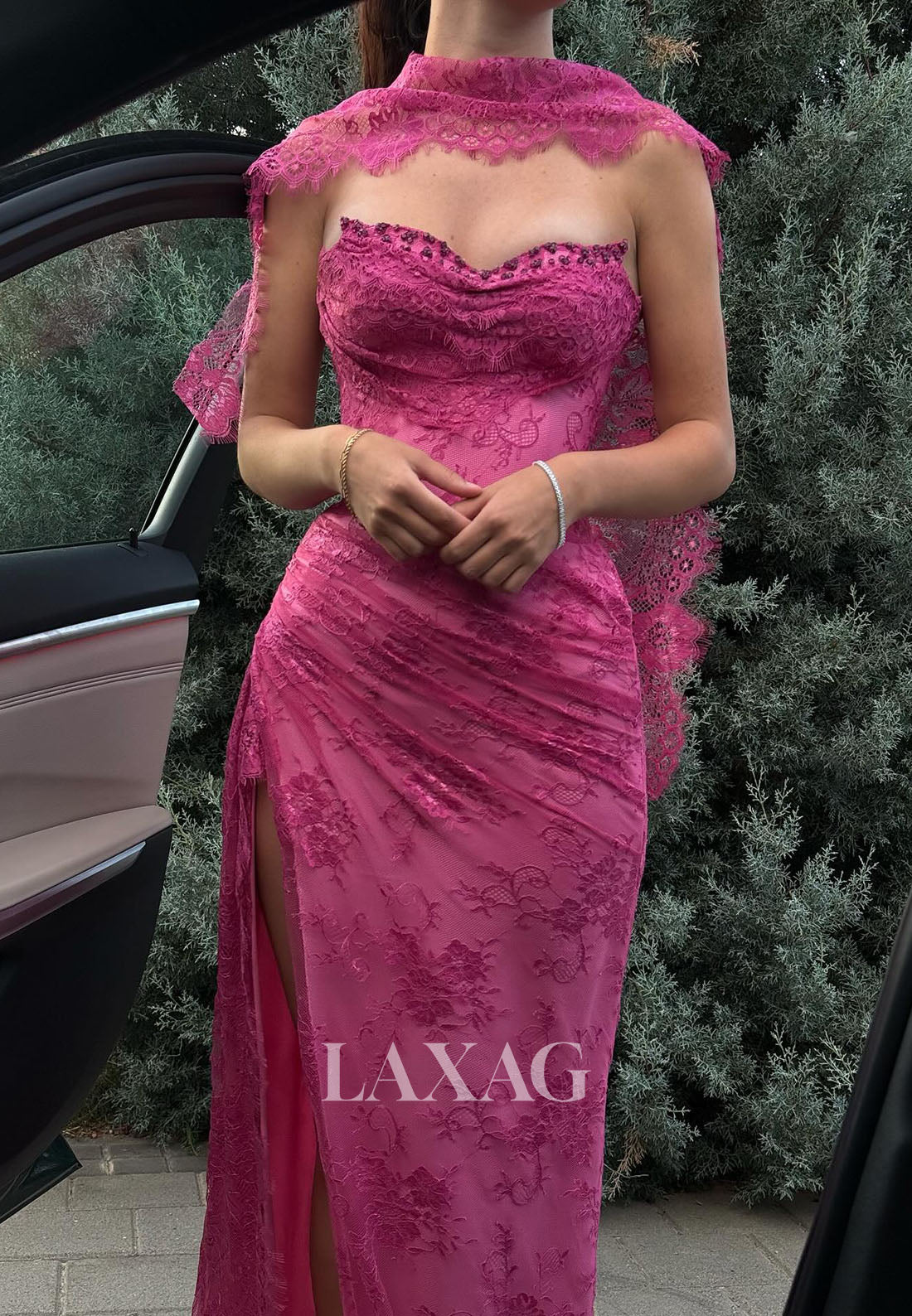 Off-Shoulder Sleeveless Allover Lace Party Gowns Sweetheart High Slit Mermaid Prom Dress with Overlay